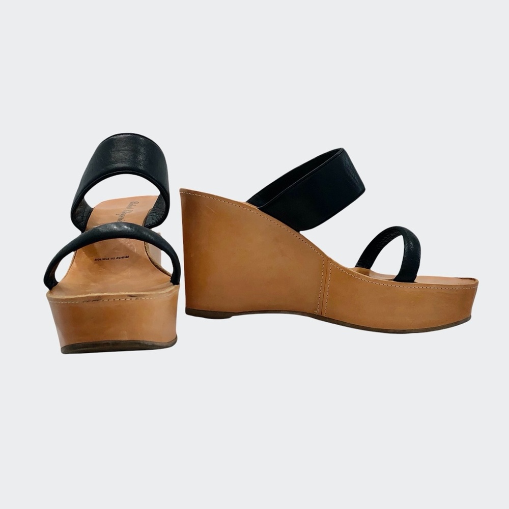 ROBERT CLERGERIE BLACK & TAN LEATHER PLATFORM WEDGES SIZE 8.5